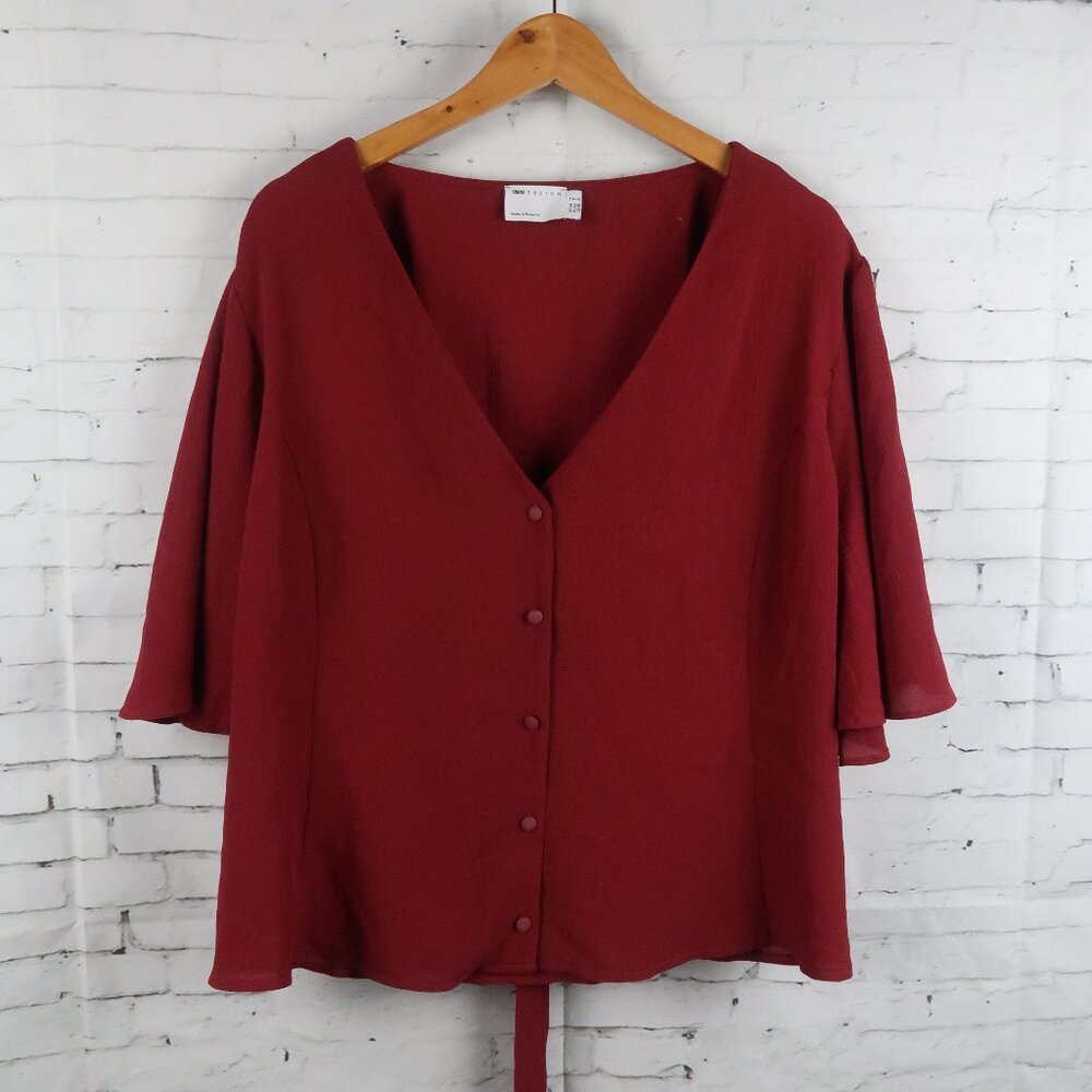 ASOS DESIGN CURVE BURGUNDY V NECK SHORT FLUTTER SLEEVE CROPPED TIE BACK TOP